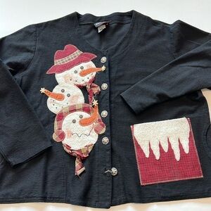 Scrap Works - XL, black snowman appliquéd sweatshirt jacket